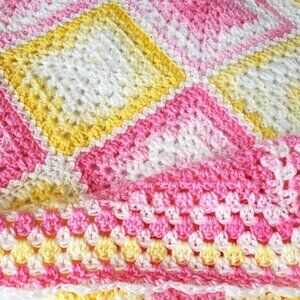 Crochet BABY BLANKET AFGHAN Lap Granny Squares 30"x 30" PINK YELLOW WHITE